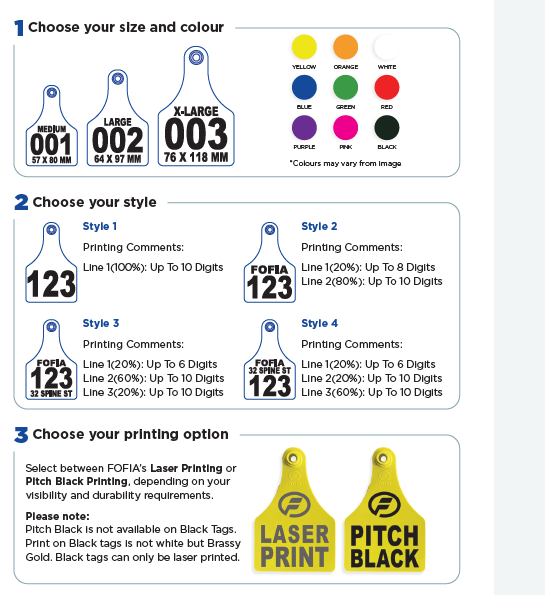 FOFIA Tag Style Guide — sizes, styles, and printing options
